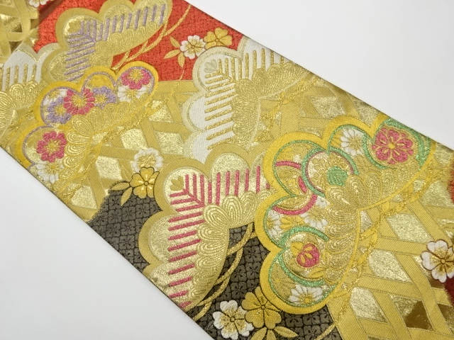 JAPANESE KIMONO / VINTAGE FUKURO OBI FOR FURISODE / WOVEN PINE & FLOWERS